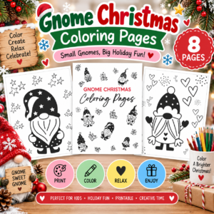 Gnome Christmas Coloring Pages Printable PDF | 7 Holiday Coloring Sheets for Kids