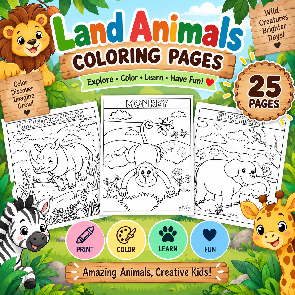 Land Animals Coloring Pages Printable PDF | 24 Printable Animal Coloring Sheets for Kids 1 Land Animals Coloring Pages Printable PDF | 24 Printable Animal Coloring Sheets for Kids