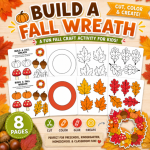 Build a Fall Wreath printable craft featuring 8 pages of colorful and black-and-white wreath templates, autumn leaves, pumpkins, acorns, and mushrooms.