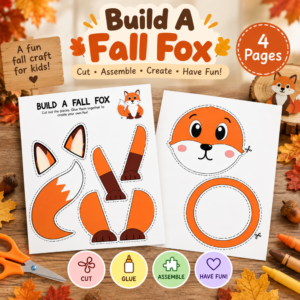Build a Fall Fox printable craft for kids with 4 pages of colorful and black-and-white fox cut-and-paste pieces for a fun autumn activity