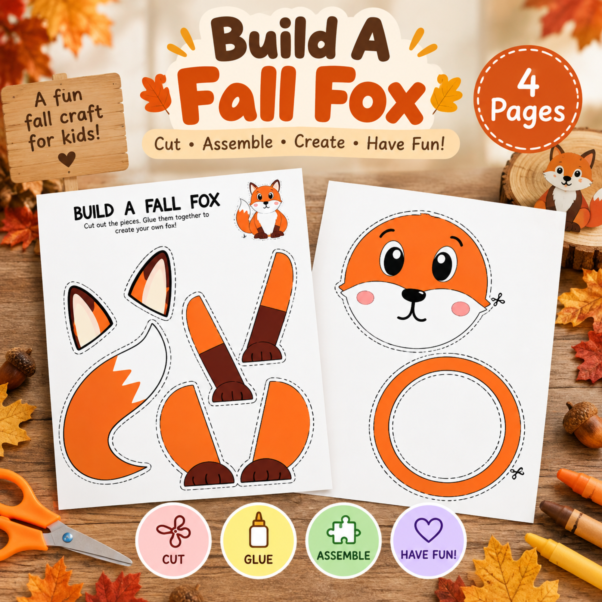 Build a Fall Fox Printable Craft for Kids – Cut & Paste Autumn Activity 1 Build a Fall Fox printable craft for kids with 4 pages of colorful and black-and-white fox cut-and-paste pieces for a fun autumn activity