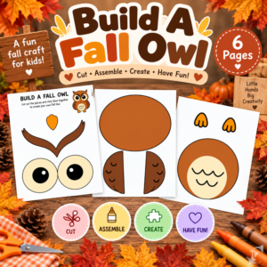 Build a Fall Owl printable craft featuring colorful owl pieces, eyes, wings, feet, and beak templates for a 6-page autumn activity