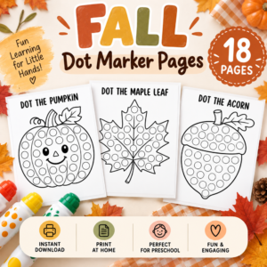 Fall dot marker pages featuring pumpkin, maple leaf, and acorn printable activity sheets with dot markers