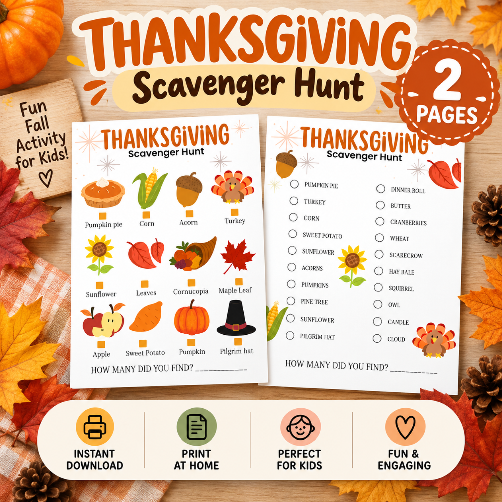 Thanksgiving Scavenger Hunt Printable – 2-Page Kids Activity 1 Thanksgiving scavenger hunt printable featuring two colorful activity pages with fall and Thanksgiving items for kids