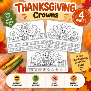 Thanksgiving printable crown craft featuring three turkey-themed coloring crown designs with fall decorations