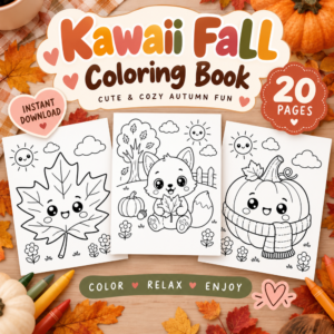 Kawaii fall coloring book featuring three cute autumn coloring pages with a smiling maple leaf, fox, and pumpkin, plus a 20 pages badge