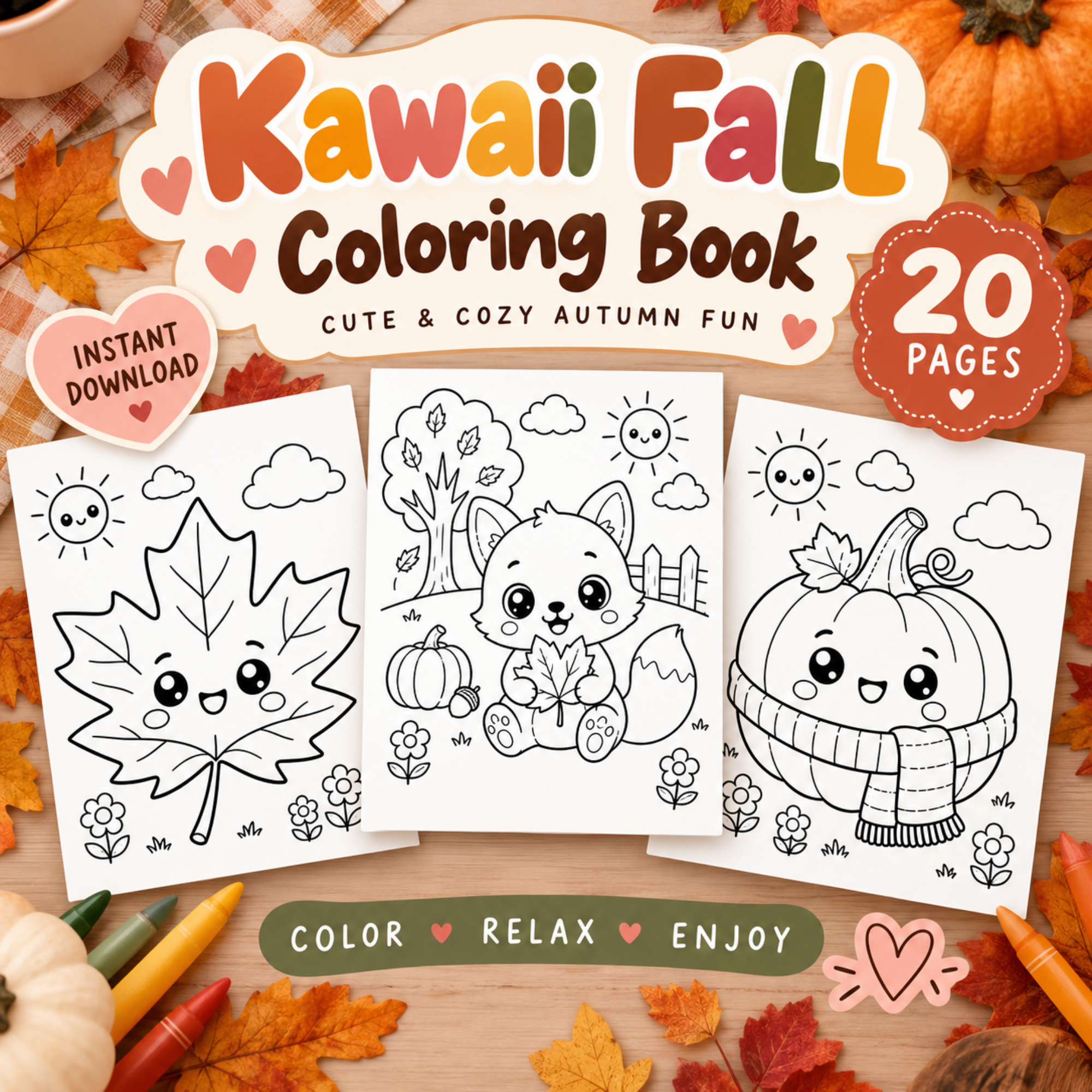 Kawaii Fall Coloring Book – 20 Printable Autumn Coloring Pages for Kids 1 Kawaii fall coloring book featuring three cute autumn coloring pages with a smiling maple leaf, fox, and pumpkin, plus a 20 pages badge