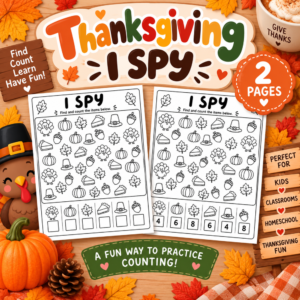 Thanksgiving I Spy printable featuring two black-and-white find-and-count worksheets with pumpkins, turkeys, leaves, acorns, pie, and pilgrim hats