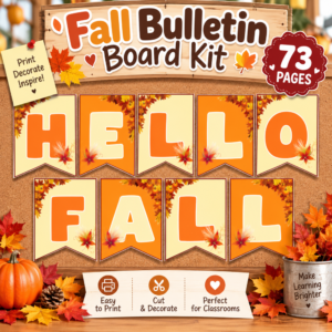 Fall Bulletin Board Kit featuring colorful HELLO FALL banner letters, autumn leaves, pumpkins, and classroom decorations