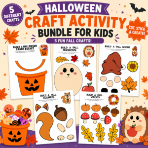 Halloween and fall craft activity bundle for kids featuring five printable cut-and-paste crafts including a candy bucket, hedgehog, gnome, squirrel, and fall wreath.