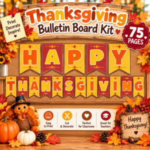 Thanksgiving Bulletin Board Kit with colorful Happy Thanksgiving banner, fall leaves, pumpkins, turkey, and classroom decorations