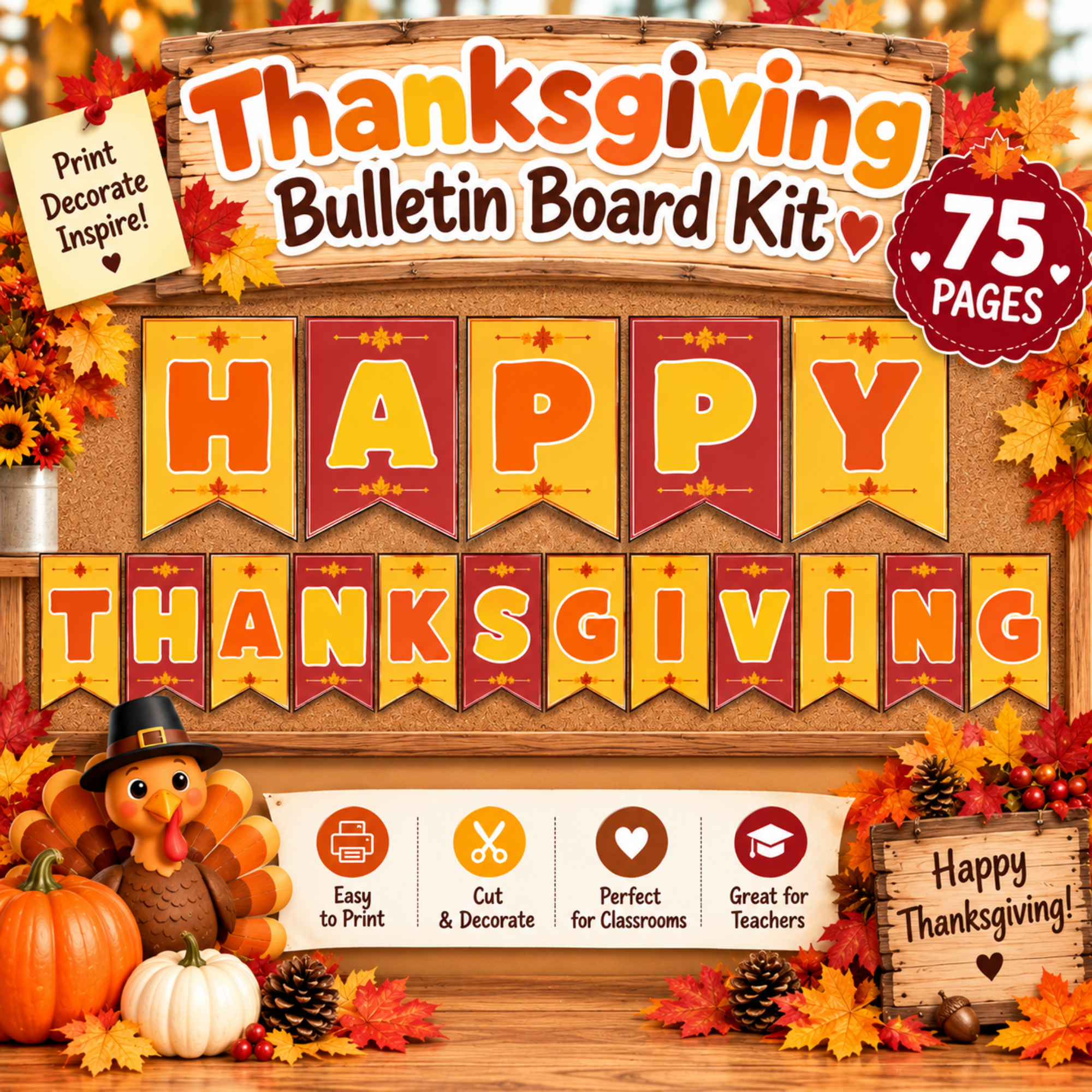 Happy Thanksgiving & Thankful Today & Always Banner Set – Fall Classroom Decor 1 Thanksgiving Bulletin Board Kit with colorful Happy Thanksgiving banner, fall leaves, pumpkins, turkey, and classroom decorations