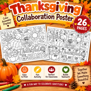 Thanksgiving Collaboration Poster – 26 Page Thankful Hearts Classroom Activity