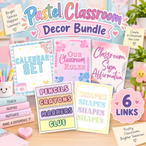 Pastel Classroom Decor Bundle featuring colorful classroom calendar, classroom rules, affirmation sign, supply labels, pastel shapes, and decorative letter banners