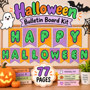 Halloween Bulletin Board Kit with Happy Halloween banner, spooky green slime letters, pumpkins, ghosts, bats, and colorful classroom decorations