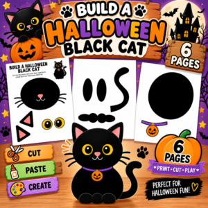 Build a Halloween Black Cat printable craft with cut-and-paste pieces, black cat, pumpkin, and 6-page activity preview