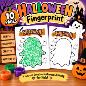 Halloween Fingerprint printable activity featuring a green fingerprint-covered ghost and blank ghost template with Halloween decorations