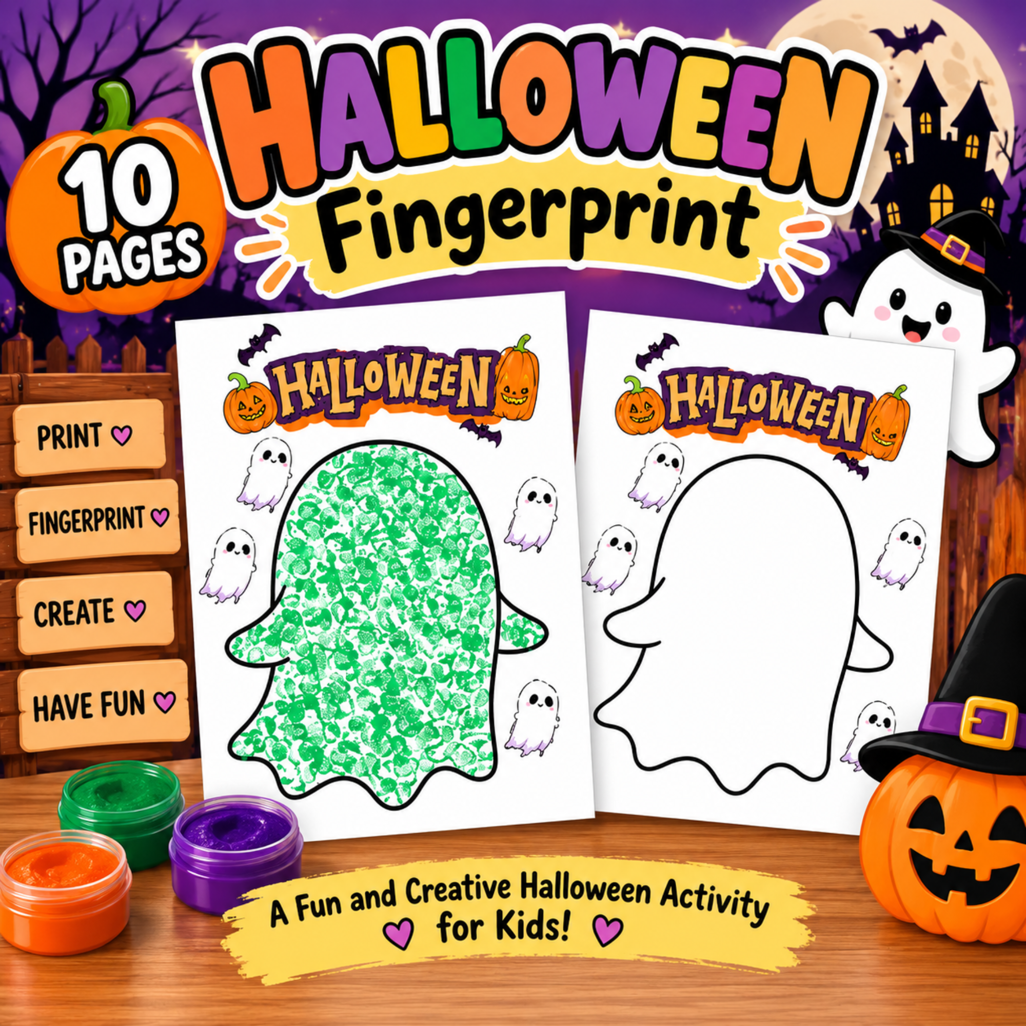 Halloween Fingerprint Craft Printable – 10 Page Halloween Art Activity 1 Halloween Fingerprint printable activity featuring a green fingerprint-covered ghost and blank ghost template with Halloween decorations