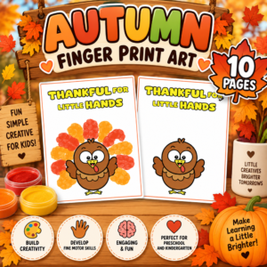 Autumn Fingerprint Art printable featuring thankful turkey worksheets with colorful fingerprint feathers and a blank template