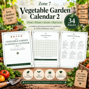 Zone 7 Vegetable Garden Calendar 2 with 34-page printable garden planner, garden bed layout, and monthly to-do checklist pages