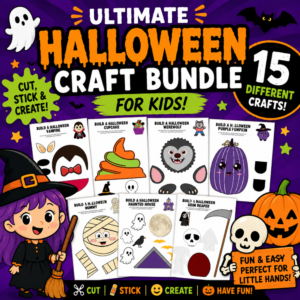 Ultimate Halloween craft bundle for kids featuring 15 printable cut and paste crafts including vampires, werewolves, mummies, pumpkins, haunted houses, and grim reapers