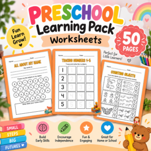 Colorful preschool learning pack hero image featuring three worksheet previews for name writing, tracing numbers 1–5, and counting objects, with a 50 pages badge and playful preschool graphics.