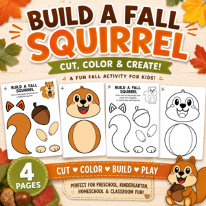 Build a Fall Squirrel printable activity featuring four pages with color and black-and-white squirrel templates, cut-and-paste pieces, and an acorn, displayed on an autumn-themed background.