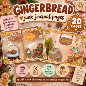 Cozy Christmas gingerbread junk journal printable featuring two festive sample pages with gingerbread houses, cookies, Christmas decorations, snow globe, and warm seasonal details, with a 20 pages badge.