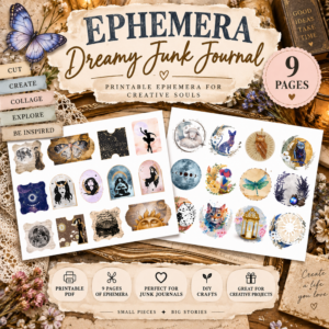 9-page Dreamy Junk Journal printable ephemera featuring butterflies, moons, owls, cats, flowers, celestial elements, and vintage-inspired decorative pieces.