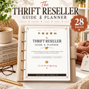 Thrift Reseller Guide & Planner 28-page printable featuring sourcing, inventory, listings, profits, and reseller business planning