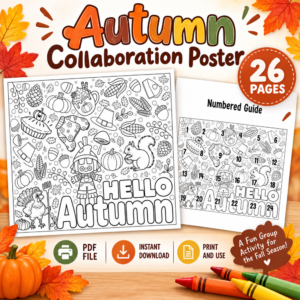 Autumn Collaboration Poster printable with fall-themed coloring pages, numbered guide, pumpkins, leaves, turkey, scarecrow, squirrel, and Hello Autumn design.