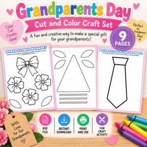 Grandparents Day printable craft set featuring a paper flower bouquet, flower and leaf templates, and a decorate-a-tie craft for Grandpa, with a 9-page badge.