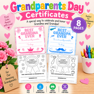 Grandparents Day printable certificate set featuring Best Grandma Ever, Best Grandpa Ever, Best Grandma Award, and Best Grandpa Award designs.
