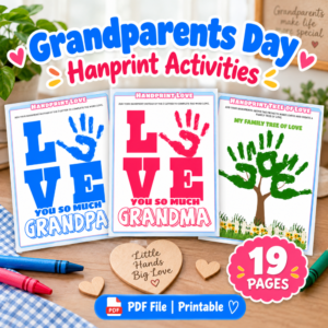 Grandparents Day Handprint Activities Printable featuring Grandma, Grandpa, and family tree handprint craft pages, with a 19 pages badge and PDF printable label