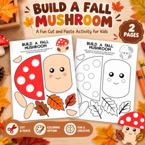 Build a Fall Mushroom printable craft for kids featuring color and black-and-white mushroom templates, autumn leaves, and cut-and-paste activity pages.