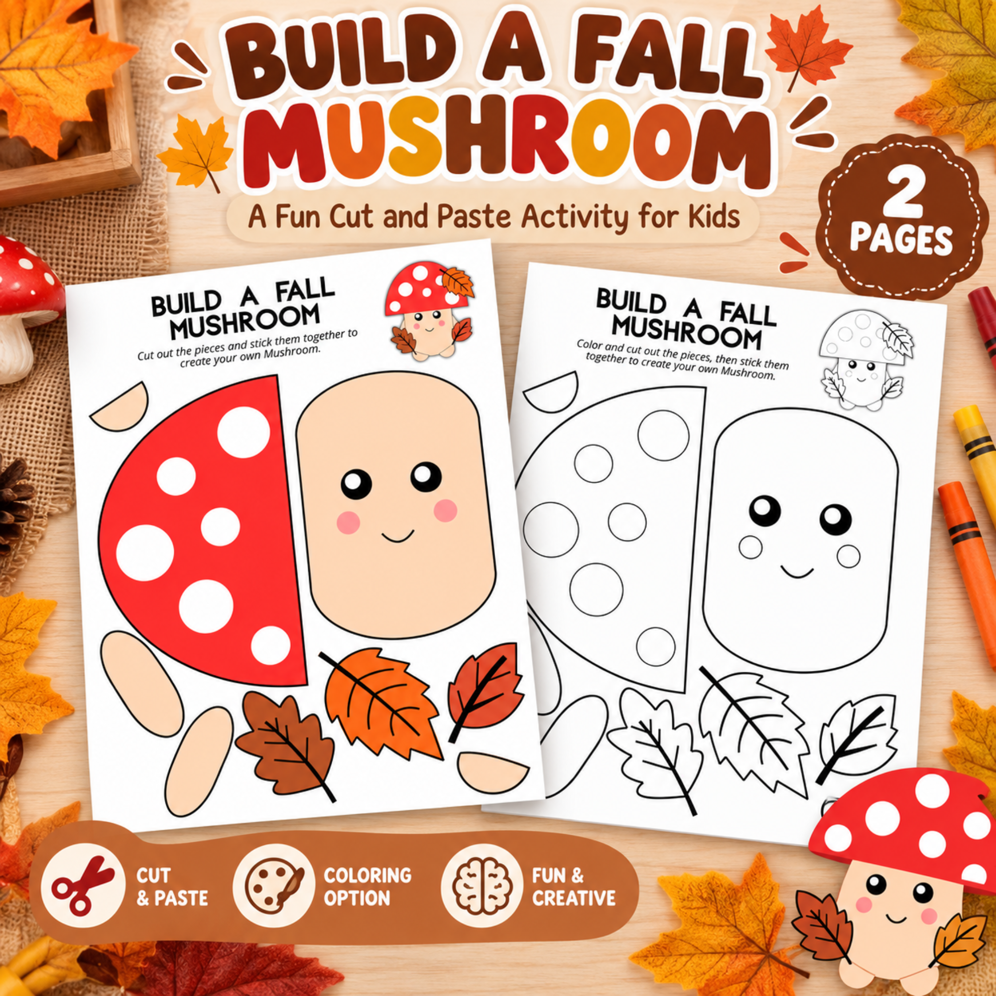 Build a Fall Mushroom Printable Craft 1 Build a Fall Mushroom printable craft for kids featuring color and black-and-white mushroom templates, autumn leaves, and cut-and-paste activity pages.