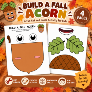 Build a Fall Acorn printable craft featuring colorful acorn pieces, autumn leaves, cut-and-paste activity, and coloring option for kids.