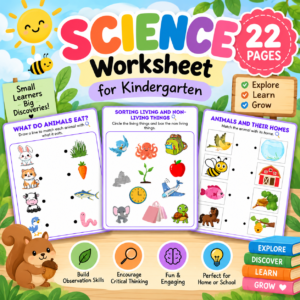 Colorful 22-page kindergarten science worksheet pack featuring animal diets, living and non-living things, animal habitats, weather, seasons, plants, and other early science activities.