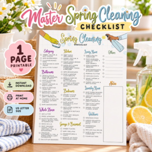 Master Spring Cleaning Checklist printable displayed in a bright spring cleaning lifestyle scene with a one-page room-by-room cleaning checklist and 1 Page Printable badge.
