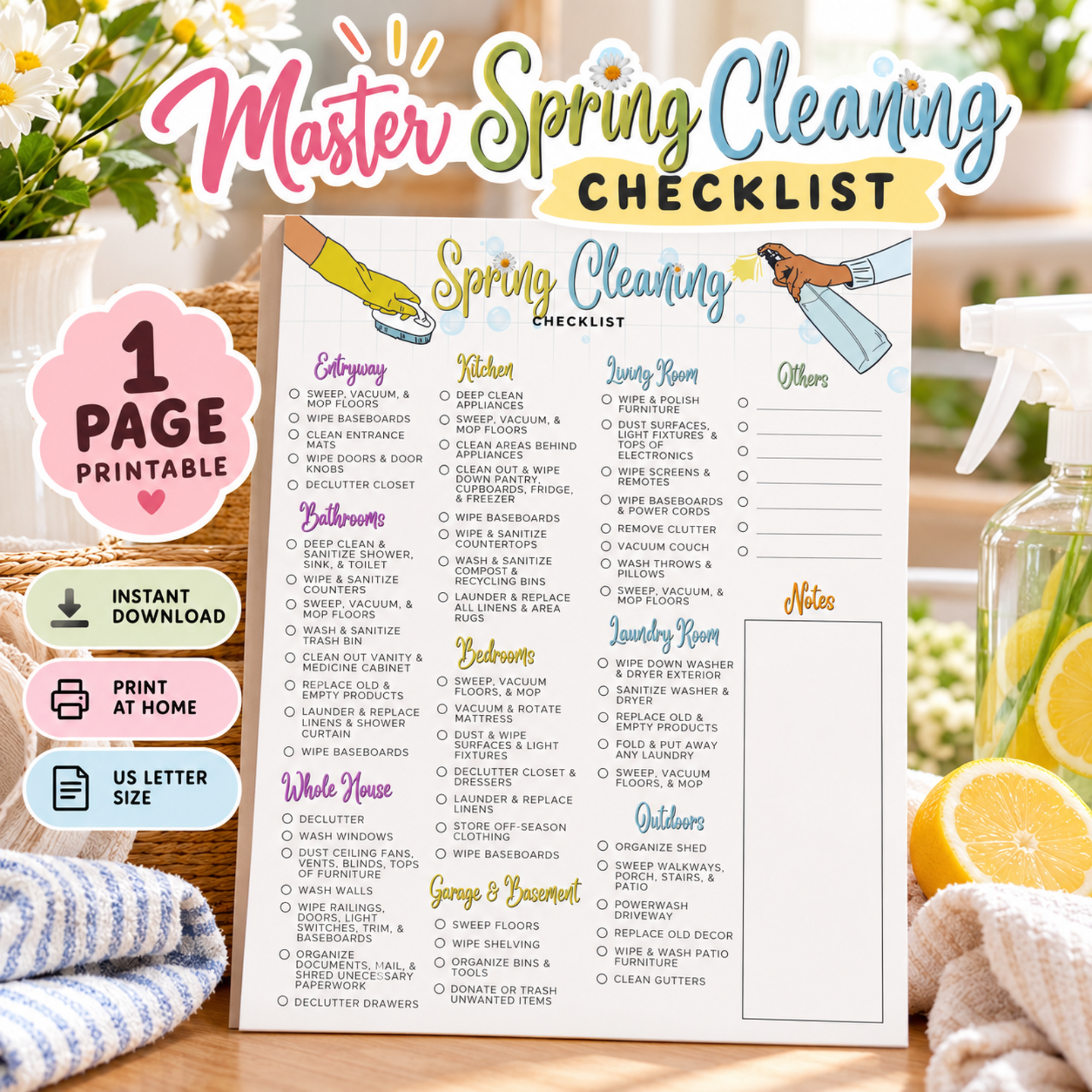 Master Spring Cleaning Checklist Printable, Spring Cleaning Planner, Home Cleaning Checklist, House Cleaning Organizer, Cleaning List 1 Master Spring Cleaning Checklist printable displayed in a bright spring cleaning lifestyle scene with a one-page room-by-room cleaning checklist and 1 Page Printable badge.