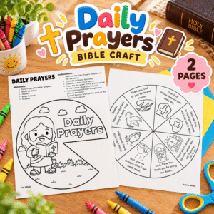 Daily Prayers Bible Craft printable featuring two activity pages, a prayer wheel, Bible-themed illustrations, and a 2 Pages badge.