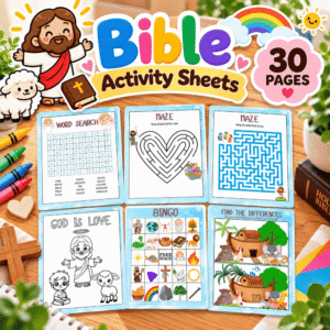 Bible Activity Sheets printable featuring word search, mazes, bingo, coloring, and find-the-differences activities with a 30-page badge.