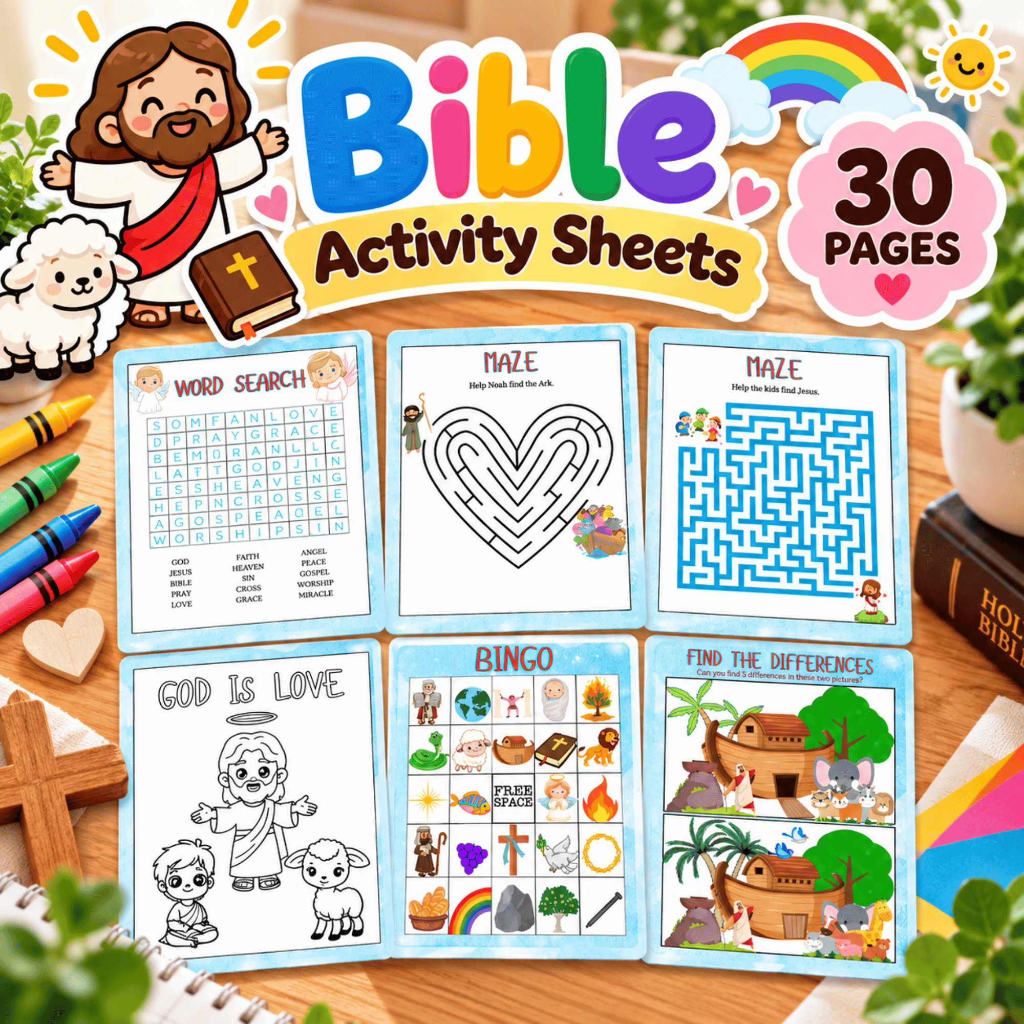 Bible Activity Sheets Printable 1 Bible Activity Sheets printable featuring word search, mazes, bingo, coloring, and find-the-differences activities with a 30-page badge.