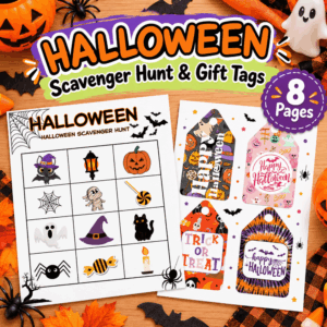Halloween Scavenger Hunt & Gift Tags Printable Bundle – 8 Pages