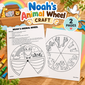 Noah's Animal Wheel Craft printable with two activity pages featuring Noah, an ark-themed scene, and animal matching wheels.