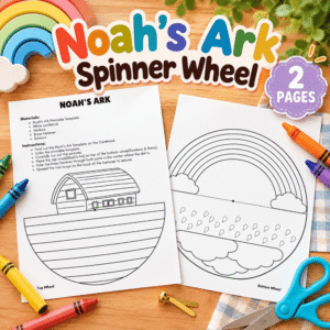 Noah's Ark spinner wheel printable Bible craft with two coloring pages featuring Noah's Ark, a rainbow, rain, and clouds