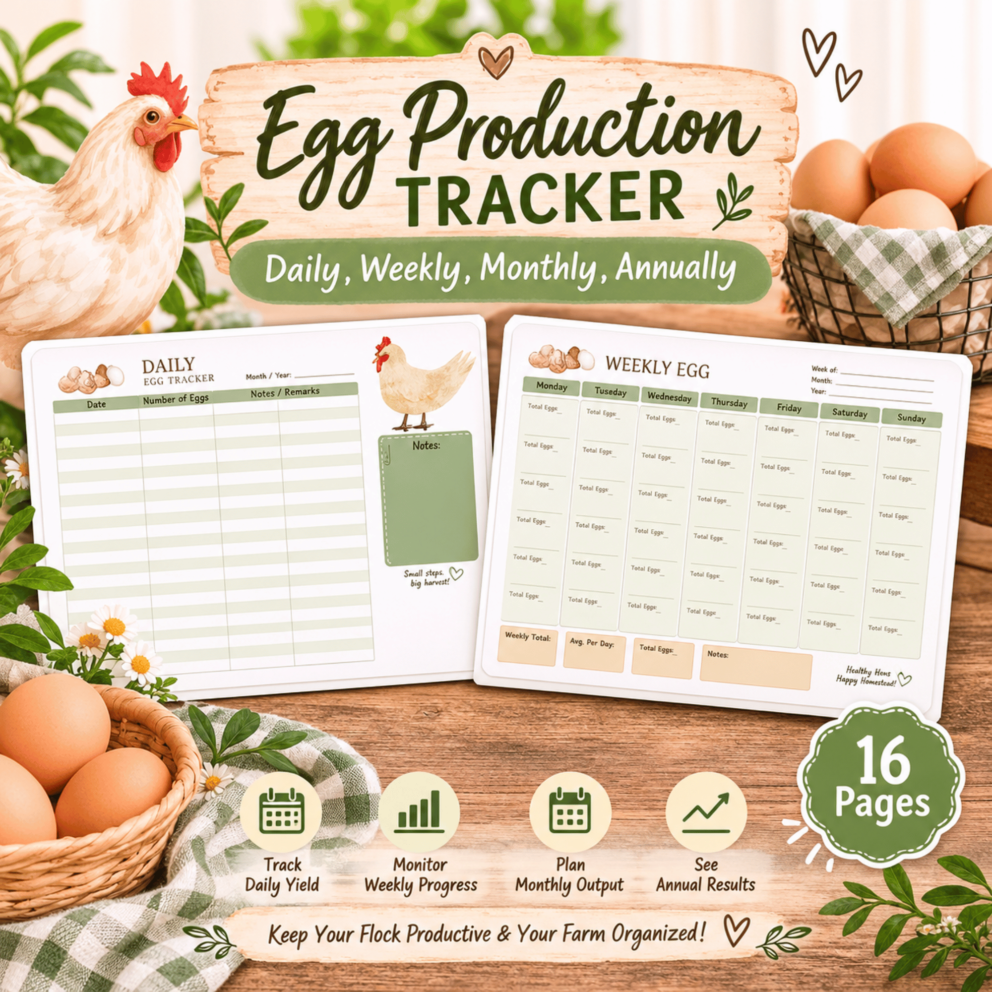 Egg Production Tracker Printable – 16-Page Daily, Weekly, Monthly & Annual Chicken Egg Log 1 Egg Production Tracker Printable – 16-Page Daily, Weekly, Monthly & Annual Chicken Egg Log